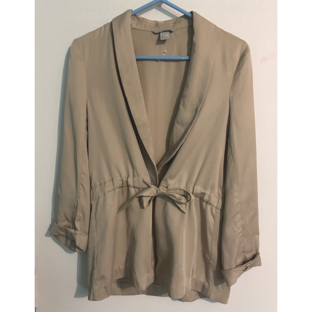 H&M Womens Sz 2 (Snap) Belted Khaki 3/4 Sleeve Lightweight Shawl Collar Blazer